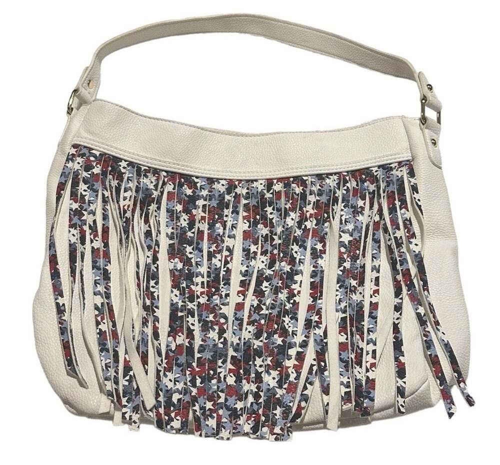 Charming Charlie White Star Fringe Hobo Shoulder Bag USA Themed - Picture 3 of 6